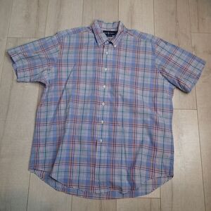 Ralph Lauren Men's XL Blue and Orange Plaid Short Sleeve Button Down Shirt